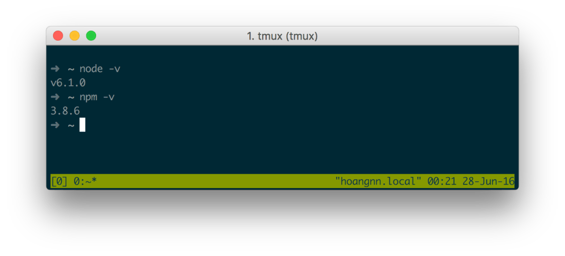 Terminal kiểm tra phiên bản: node v6.1.0 và npm 3.8.6