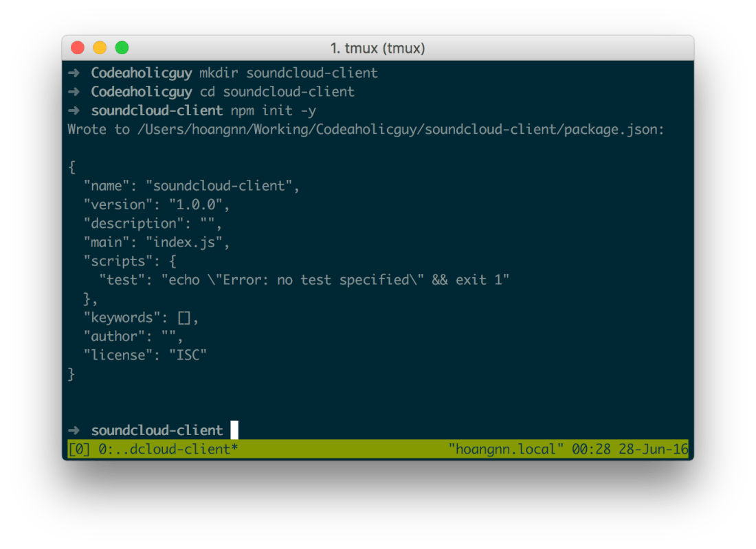 Terminal tạo thư mục soundcloud-client và chạy npm init -y sinh file package.json