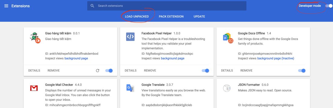 Trang chrome://extensions bật Developer mode, nút Load unpacked khoanh đỏ, extension Giao hàng tiết kiệm đã được cài