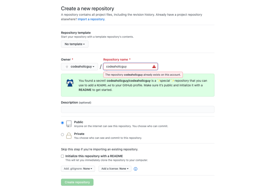 Màn hình tạo repo trùng tên tài khoản, GitHub báo đây là repo đặc biệt để thêm README.md vào trang cá nhân