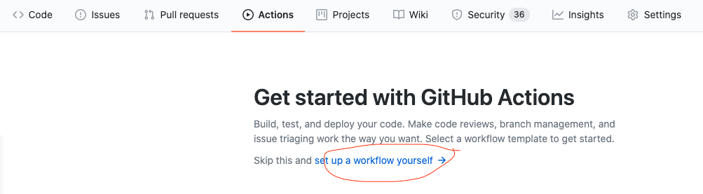 Tab Actions của repo với liên kết "set up a workflow yourself" được khoanh đỏ